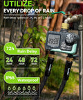 Dual Zone Garden Hose Timer with Brass Swivel and Two Outlets Programmable Sprinkler Timer in use during rain