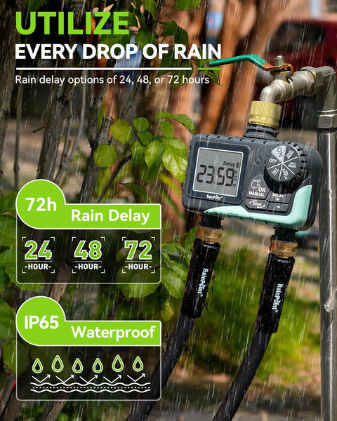 Dual Zone Garden Hose Timer with Brass Swivel and Two Outlets Programmable Sprinkler Timer in use during rain