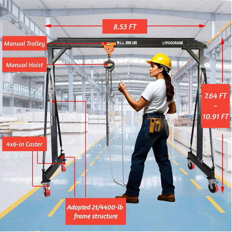 Heavy Duty Gantry Crane 2000 Lbs Portable Electric Hoist And Trolley With Remote For Garage And Workshop Adjustable Eight And A Half Feet Wide Frame Includes Manual Hoist Scale Sling Shackle Hook Hammerlock Coupling displayed in a workshop setting