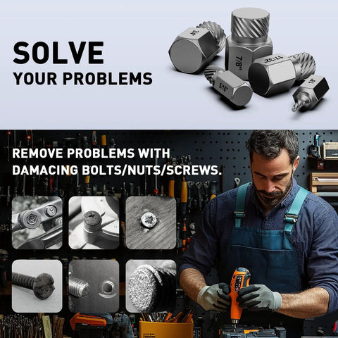 25 Piece Screw Extractor Set With Multispline And Hex Head For Removing Broken Studs Bolts And Screws displayed with tools.