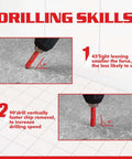 Front view of a red 1/4-inch diamond drill bit drilling tile, with 45° and 90-degree angle guides