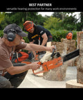 Man using chainsaw with 34dB NRR Ear Protection For Shooting And Loud Events Compact Adjustable Safety Ear Muffs