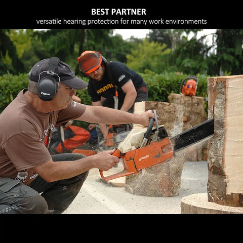 Man using chainsaw with 34dB NRR Ear Protection For Shooting And Loud Events Compact Adjustable Safety Ear Muffs