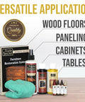 All In One Wood Furniture And Floor Restoration Kit For Scratch Repair And Polish On Light And Dark Surfaces With Microfiber Cloth Includes Four Toned Wax Fill Sticks And Scratch Removers Plus Cleaner And Polish For Concealment And Lasting Shine with bottles and microfiber cloth.
