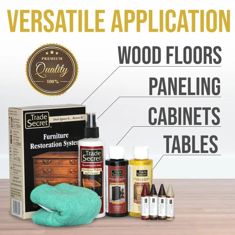 All In One Wood Furniture And Floor Restoration Kit For Scratch Repair And Polish On Light And Dark Surfaces With Microfiber Cloth Includes Four Toned Wax Fill Sticks And Scratch Removers Plus Cleaner And Polish For Concealment And Lasting Shine with bottles and microfiber cloth.
