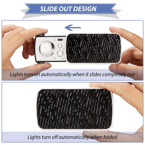 Two Pack Dope Illuminated Jewelers Loupe Set With 30X 60X 90X Magnifications UV Black Light slide-out design shown in use