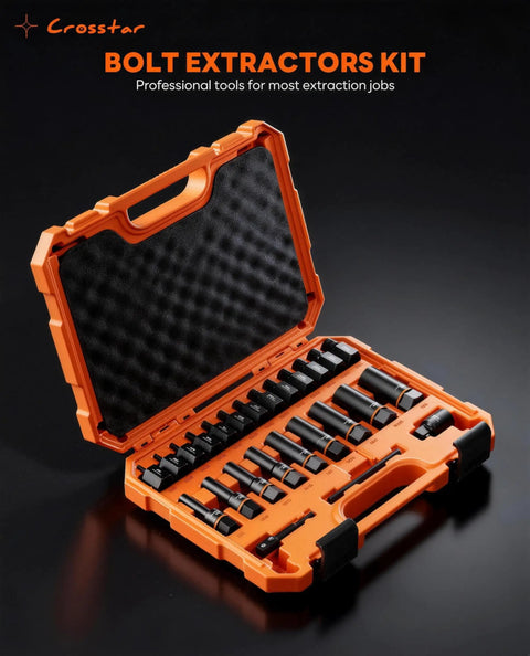 Open case of 25 Piece Bolt Extractor Kit With Beast Bite No Slip, 3/8 Inch Drive Screw And Nut Remover Set with visible tools.