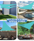 Right Triangle Sun Shade Sail 8x8x11 Foot HDPE Patio Canopy covering various outdoor spaces in turquoise.