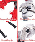 Close-up of Professional Heavy Duty Cable Cutters 14 Inch Wire Snips Built Like A Tank Using Premium Chrome Vanadium Steel Cuts Thick Copper And Aluminum Core Cables No Sweat Required Bright Red Finish features.