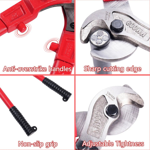 Close-up of Professional Heavy Duty Cable Cutters 14 Inch Wire Snips Built Like A Tank Using Premium Chrome Vanadium Steel Cuts Thick Copper And Aluminum Core Cables No Sweat Required Bright Red Finish features.