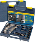Open case displaying 25 Piece Broken Bolt Extractor Set With Drill Bit Guides, including various steel extractors and guides.
