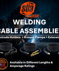 150 Amp Welding Leads Set With Dinse 10 25 Connector 4 AWG Copper Cable 25 Feet Each Lead on display with welding backdrop