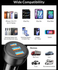 Image of 70W PD 3.0 3-Port USB C Car Charger With 3ft Cable showing compatibility with various devices and vehicle usage.