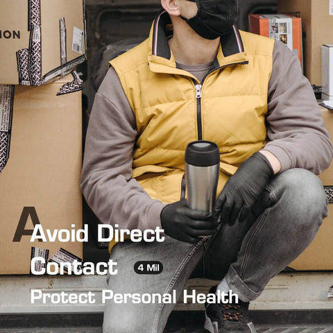 Person wearing Textured Nitrile Exam Gloves Latex Free And Powder Free 5 Mil Non Sterile Disposable Gloves for safety.
