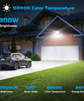 300W LED Flood Light Outdoor Security Lighting, 24000 Lumens, IP67 Waterproof, illuminating driveway and garage, daylight white 6000K