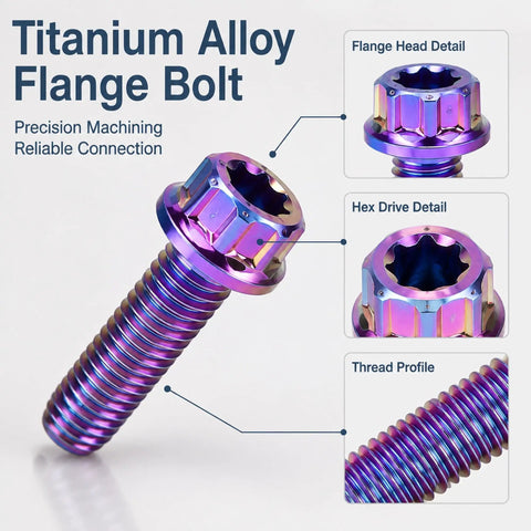 Top Tier Tc4 Titanium Alloy Flange Screws For High Performance Motor Mods And Engine Builds With Heavy Duty M4 M5 Metric Fasteners shown from an angle with detailed hex head.
