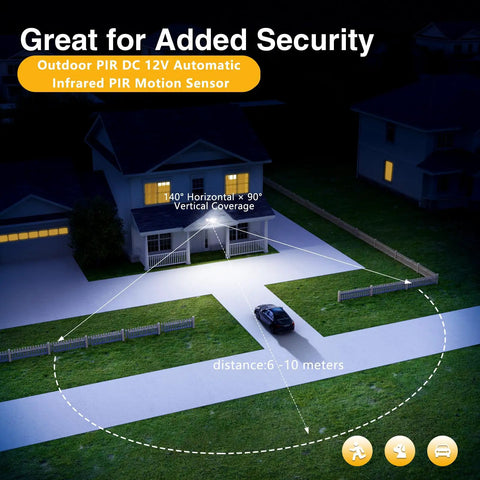Six Pack IP65 Outdoor Motion Detector Controller 12V DC With Adjustable Sensitivity And Delay Timer For Security And Area Lighting Systems Ideal For Homes Driveways Patios And Perimeter Lighting Applications, 140°x90° coverage