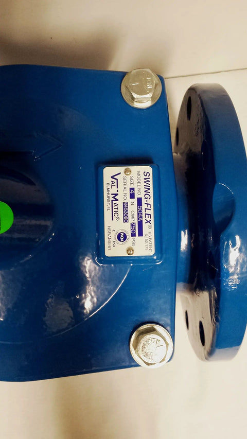 4 Inch Flanged Cast Iron Swing Flex Check Valve Built Tough For Water And Plumbing ASTM A126 250 PSI Max Cracking Pressure 0.25 PSI Horizontal Mount 11 Inch Long By 9 Inch Wide Heavy Duty Industrial Valve blue flanged body label