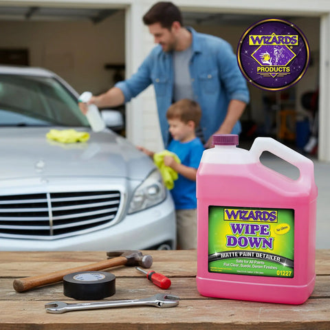 Detailer Spray For Matte Finishes And Delicate Surfaces Like Suede And Denim, Auto Car Polish That Cleans Without Oily Residue, Preserves A Flat Matte Look, Ideal For Suede Denim Finishes, 1 Gallon bottle on workbench