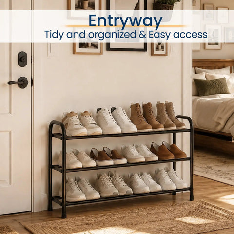 Super Roomy Three Tier Expandable Shoe Rack Black Metal Storage Shelf For Entryway Closet Organization That Actually Holds All Your Kicks Without The Mess Easy Setup Modern Space Saver