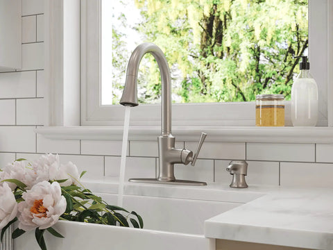 Antrom Kitchen Faucet With Pull Down Sprayer And Built In Soap Dispenser, Single Handle High Arc Faucet In Spot Defense Stainless Steel Finish