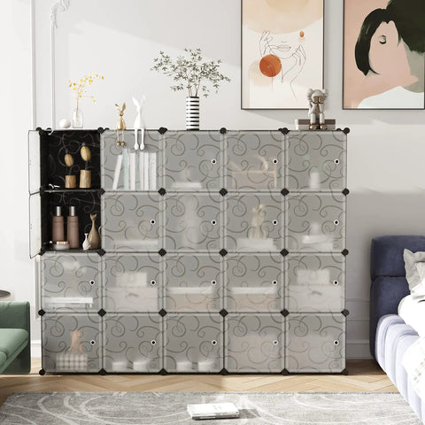 Twenty Cube Storage Organizer With Doors For Bedroom And Living Room Modular Plastic Shelving Unit With Big Capacity 20 Cube Display Shelving In Black Easy Assembly No Fuss Setup Durable And For Real Space Saving beside sofa and artwork.