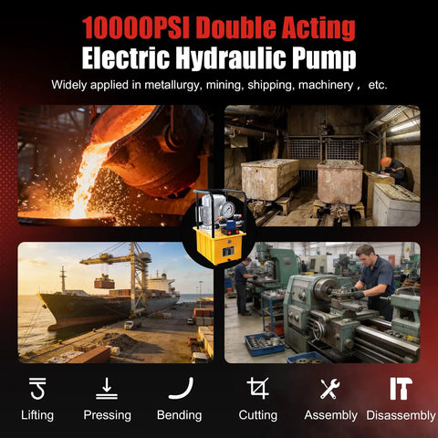 Electric Hydraulic Pump Double Acting 8.4 Quart 2.1 Gallon Power Pack Workhorse With Solenoid Valve 8L Cylinder Portable Pump For Punching Bending And Jacking Up To 10000 PSI 750W 110V