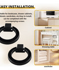 Image showcasing Matte Black Aluminum Ring Pulls 8 Pack Heavy Duty Single Hole Cabinet Knobs for various furniture applications.