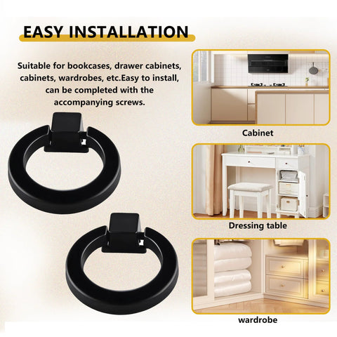 Image showcasing Matte Black Aluminum Ring Pulls 8 Pack Heavy Duty Single Hole Cabinet Knobs for various furniture applications.