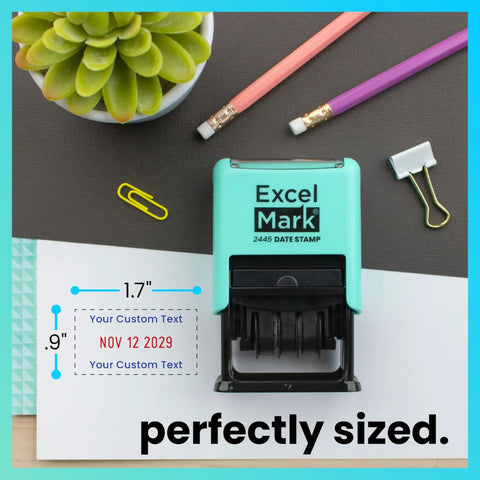 Kick Up Your Mail Sorting Game With This Heavy Duty Self Inking Date Stamp That Delivers Crisp Blue And Red Dates Onto Documents And Lets You Swap In Custom Lines For Zero Hassle Paperwork Processing, showing seafoam stamp with imprint area.