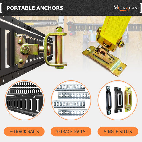 4 Pack E-Track Roller Idler Fittings For Heavy Duty Swivel Tie Down Anchors on E-Track rail with yellow strap attached