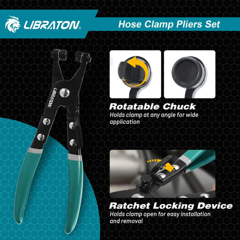 LIBRATON hose clamp pliers set (2 pcs) with swiveling jaws and ratchet lock, green handles.