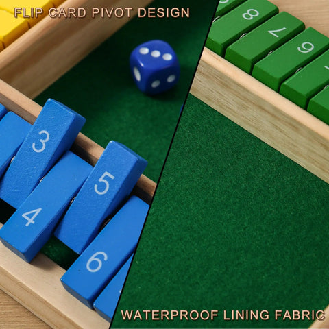 Close-up of Shut The Box Dice Game Wooden Board Game showing blue and green numbered pieces, dice, and waterproof lining for 2-4 players.