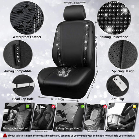 Diagram of PU Leather Bling Diamond Car Seat Covers Full Set Waterproof Durable With Rear Zipper Universal Fit For Women Girly Black Interior Sparkle Crystal Glitter, showing dimensions and features.