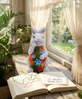 Solar Garden Bunny Statue With Succulent And Seven LED Lights Lawn Decor on windowsill with open book and glasses