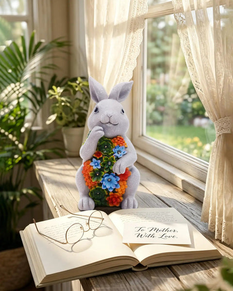 Solar Garden Bunny Statue With Succulent And Seven LED Lights Lawn Decor on windowsill with open book and glasses