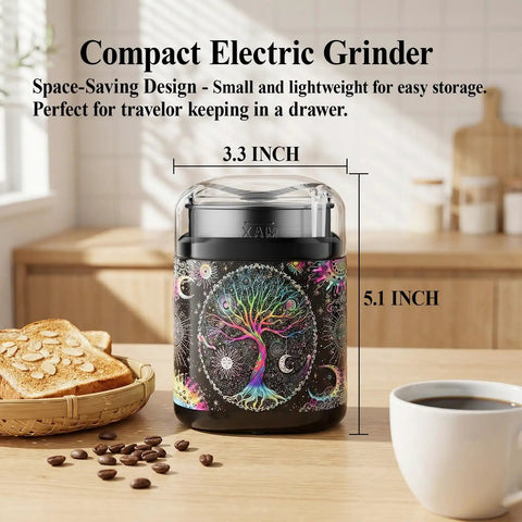One Touch Electric Spice Grinder 200W Power with Stainless Steel Blades Sleek Black Pattern Design on kitchen counter