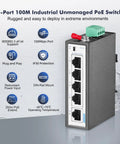 Rugged 5 Port PoE+ Industrial Switch With 4 PoE+ Ports And 1 Uplink, 10/100 Mbps Fast Ethernet, IP30 Hardened, Unmanaged, on display