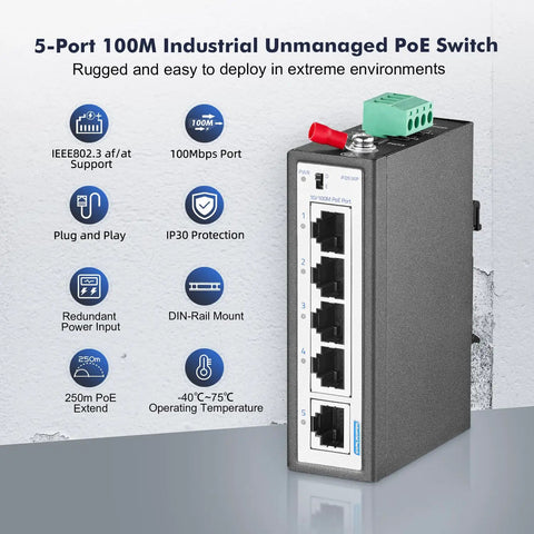 Rugged 5 Port PoE+ Industrial Switch With 4 PoE+ Ports And 1 Uplink, 10/100 Mbps Fast Ethernet, IP30 Hardened, Unmanaged, on display