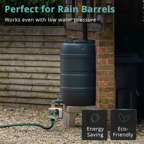Zero Pressure Water Timer For Garden Hose Faucet With Brass Ports, attached to rain barrel for low-pressure irrigation.