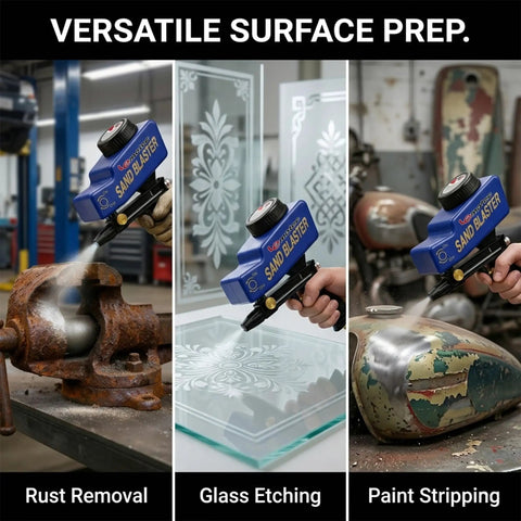 Portable Sand Blaster Gun Pro Kit For Auto, Patio And Furniture Restoration With Ceramic Nozzle in use for rust and paint removal