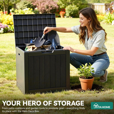 Woman placing items into 30 Gallon Outdoor Storage Deck Box Made From Waterproof Resin With Lockable Lid For Cushions Pool Accessories And Garden Tools A Versatile Patio Table All In One Go To Storage Ottoman For Indoor Or Outdoor Use.