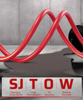 Close-up of red SJTOW 12/3C cord on Retractable Extension Cord Reel With 40 Ft Heavy Duty Power Cord 12/3C SJTOW Lighted Triple Tap Outlets 15A Circuit Breaker Wall Or Ceiling Mount UL Listed Red