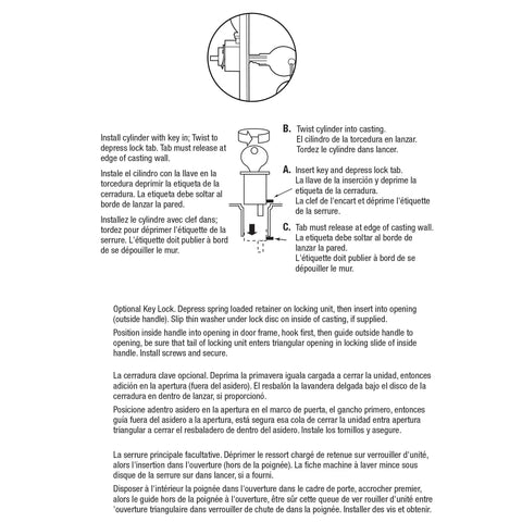 Installation instructions for keyed sliding glass door handle set, hook style flush mount, with reversible wood and black diecast.