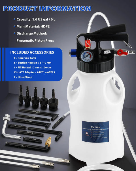 Heavy Duty All In One Transmission Fluid Pump With Pneumatic Transfer System, 6 Liter Capacity, 15 ATF Adapters And 3 Suction Hoses