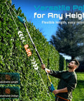Man using Cordless Pole Hedge Trimmer With 16 Inch Dual Action Blade Detachable Telescoping Pole And Dual 4 Ah Batteries on hedge