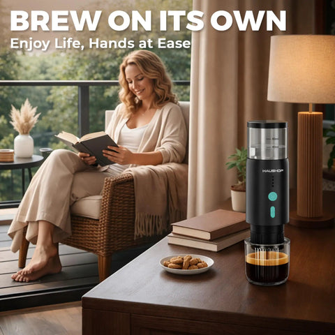 Portable Electric Espresso Machine With 20 Bar Pump, Fast Heat Up On The Go Coffee Maker USB C Rechargeable on a table indoors