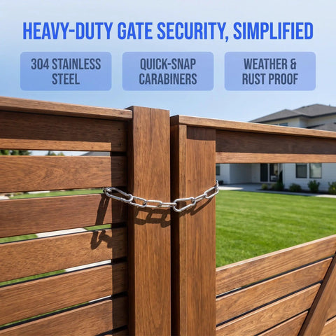 Stainless Steel Chain Gate Latch with Dual Carabiner Ends securing a wooden gate with a chain, featuring weatherproof design.