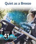 Cordless Personal Air Cooler With USB Charging 3 Speed Options Universal Clamp 360 Degree Swivel next to a baby in a stroller