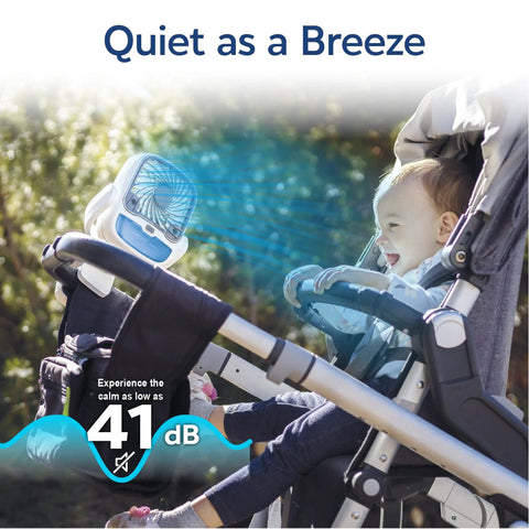 Cordless Personal Air Cooler With USB Charging 3 Speed Options Universal Clamp 360 Degree Swivel next to a baby in a stroller